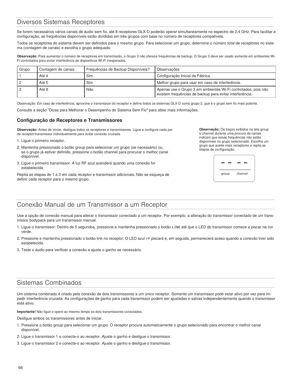 Diversos sistemas receptores, Conexão manual de um transmissor a um receptor, Sistemas combinados | Shure GLXD4 Wireless Receiver User Manual | Page 66 / 96