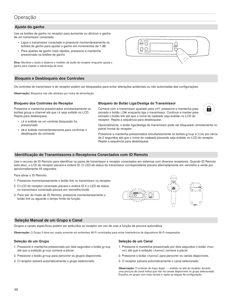 Operação, Ajuste do ganho, Bloqueio e desbloqueio dos controles | Seleção manual de um grupo e canal, Bloqueio dos controles do receptor, Seleção de um grupo, Seleção de um canal, Bloqueio do botão liga/desliga do transmissor, Glxd2 on | Shure GLXD4 Wireless Receiver User Manual | Page 68 / 96