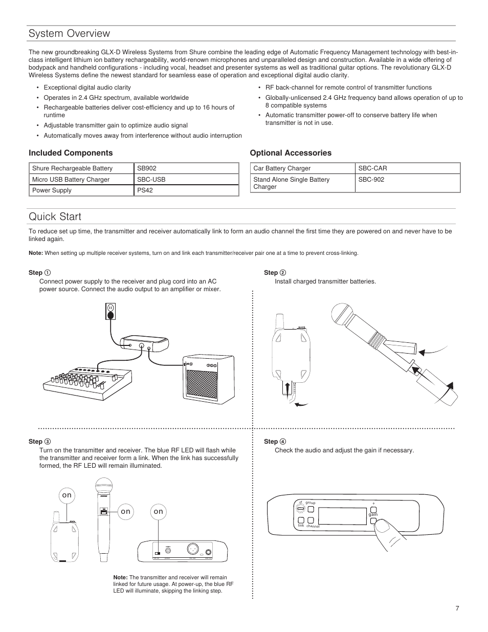 System overview, Quick start, Included components | Optional accessories | Shure GLXD4 Wireless Receiver User Manual | Page 7 / 96