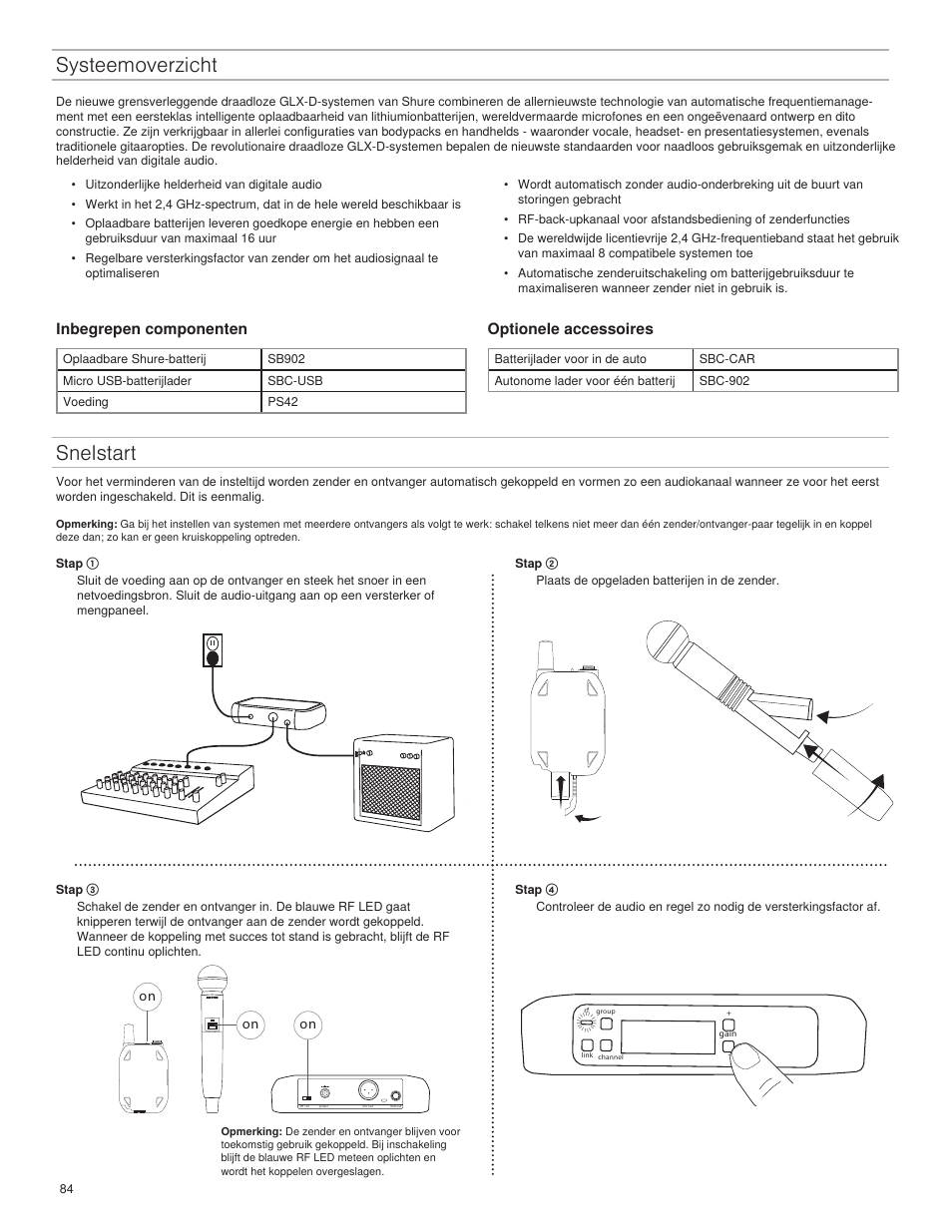 Systeemoverzicht, Snelstart, Inbegrepen componenten | Optionele accessoires | Shure GLXD4 Wireless Receiver User Manual | Page 84 / 96