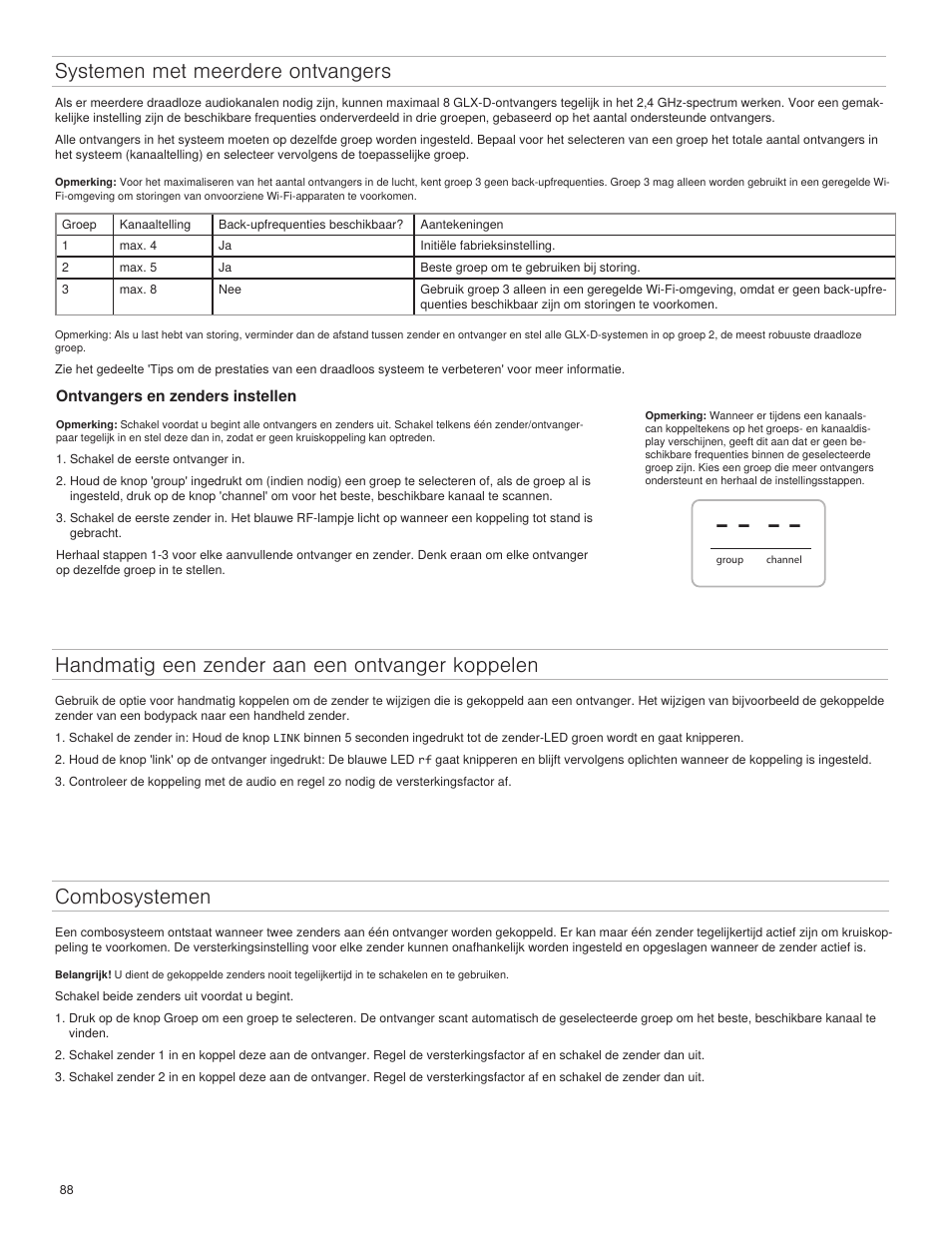 Systemen met meerdere ontvangers, Handmatig een zender aan een ontvanger koppelen, Combosystemen | Shure GLXD4 Wireless Receiver User Manual | Page 88 / 96