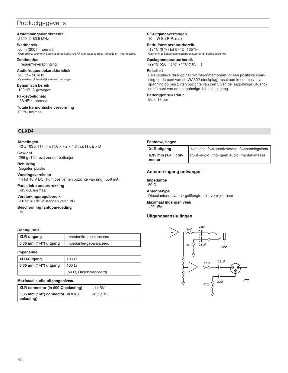 Productgegevens | Shure GLXD4 Wireless Receiver User Manual | Page 92 / 96