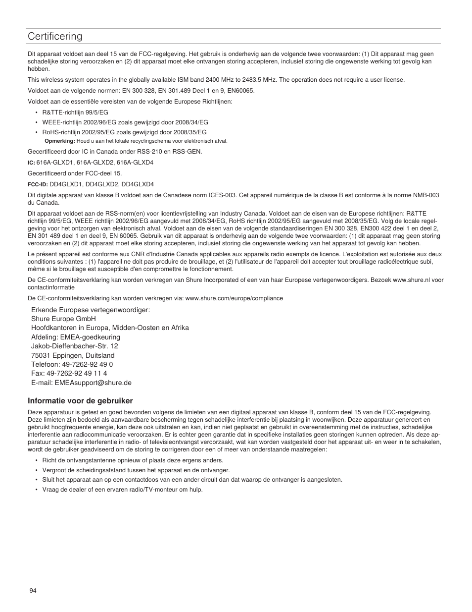 Certificering | Shure GLXD4 Wireless Receiver User Manual | Page 94 / 96