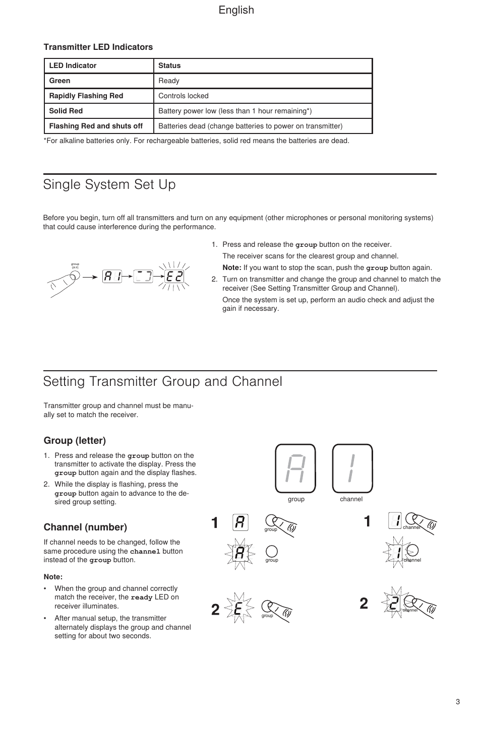 Single system set up, Setting transmitter group and channel, English | Group (letter), Channel (number) | Shure BLX Wireless System User Manual | Page 11 / 64