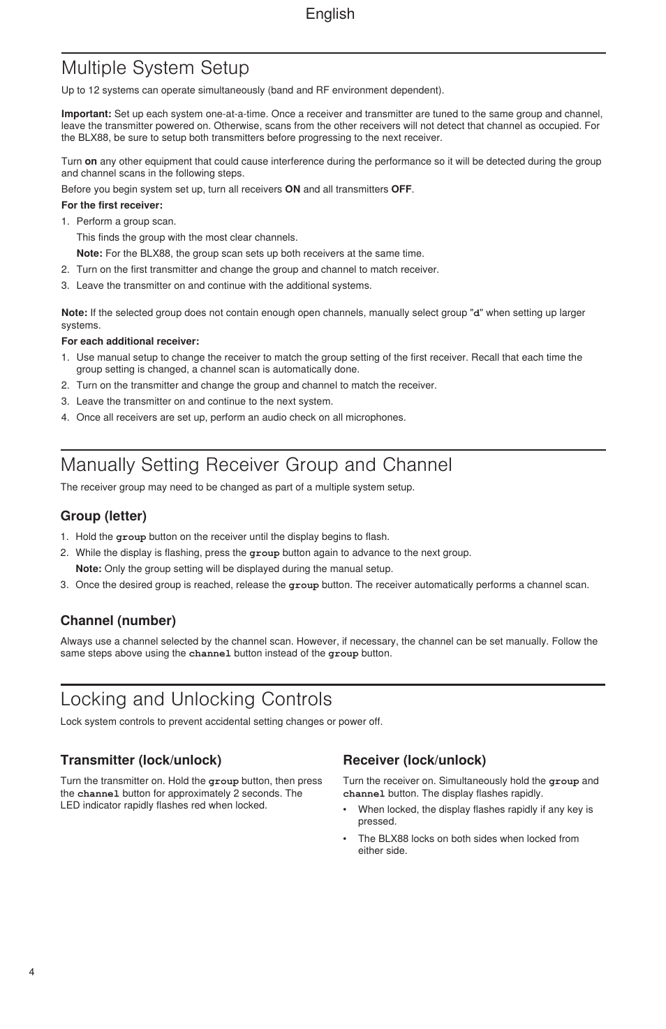 Multiple system setup, Manually setting receiver group and channel, Locking and unlocking controls | English | Shure BLX Wireless System User Manual | Page 12 / 64