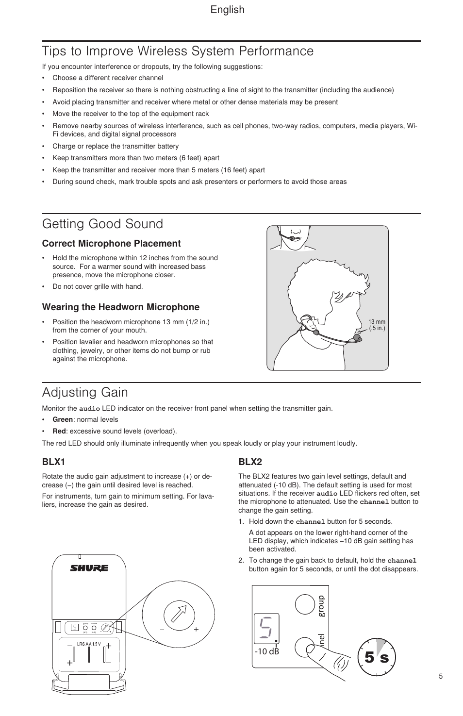 Select, Tips to improve wireless system performance, Getting good sound | Adjusting gain, English, Correct microphone placement, Wearing the headworn microphone, Blx1, Blx2 | Shure BLX Wireless System User Manual | Page 13 / 64