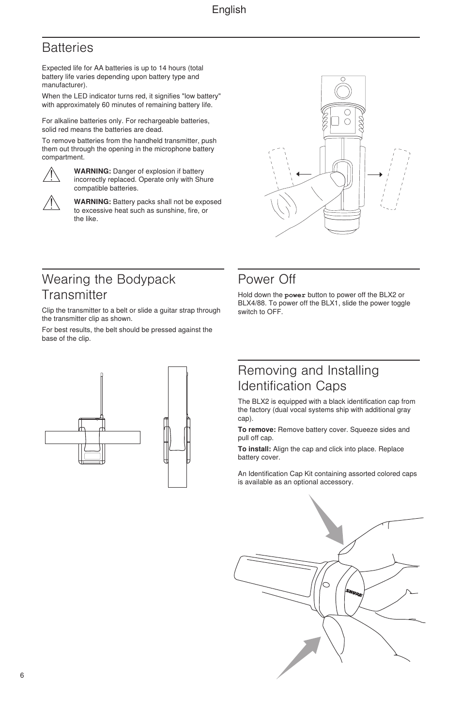 Batteries, Wearing the bodypack transmitter, Power off | Removing and installing identification caps, English | Shure BLX Wireless System User Manual | Page 14 / 64