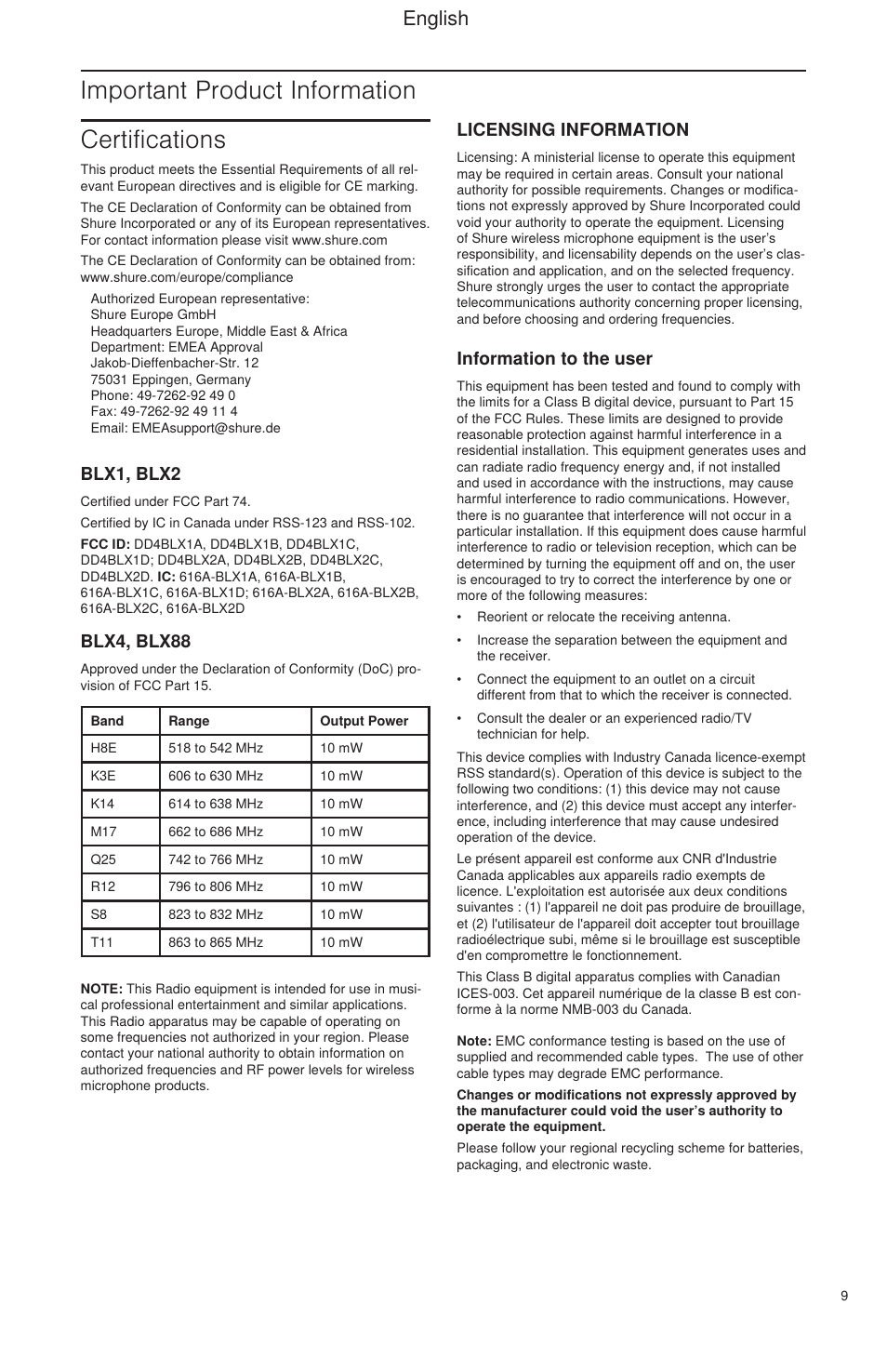 Important product information, Certifications, English | Licensing information, Information to the user, Blx1, blx2, Blx4, blx88 | Shure BLX Wireless System User Manual | Page 17 / 64