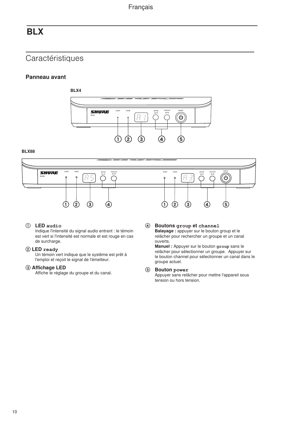 Caractéristiques, Français, Panneau avant | Shure BLX Wireless System User Manual | Page 18 / 64