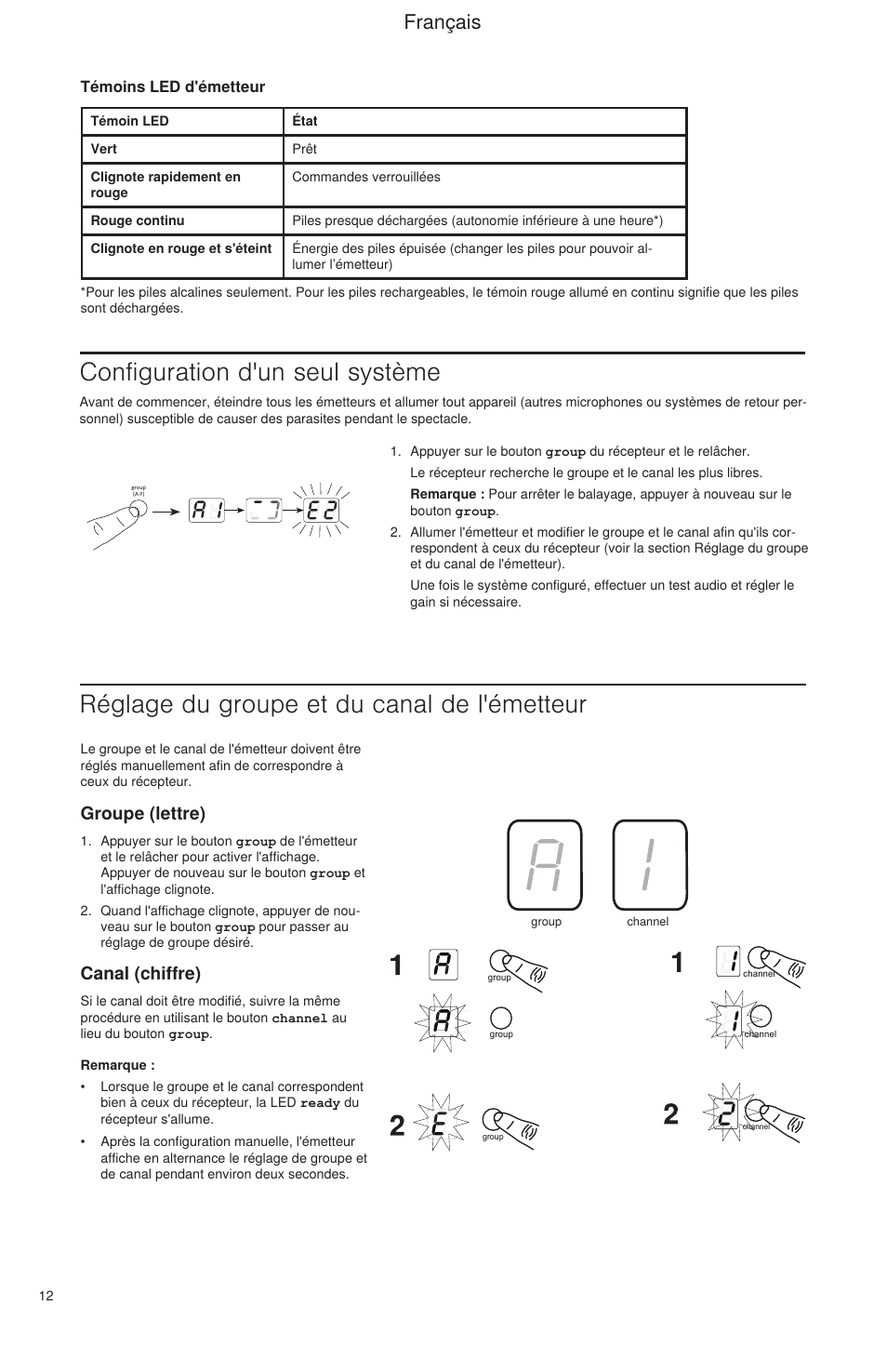 Configuration d'un seul système, Réglage du groupe et du canal de l'émetteur, Français | Groupe (lettre), Canal (chiffre) | Shure BLX Wireless System User Manual | Page 20 / 64