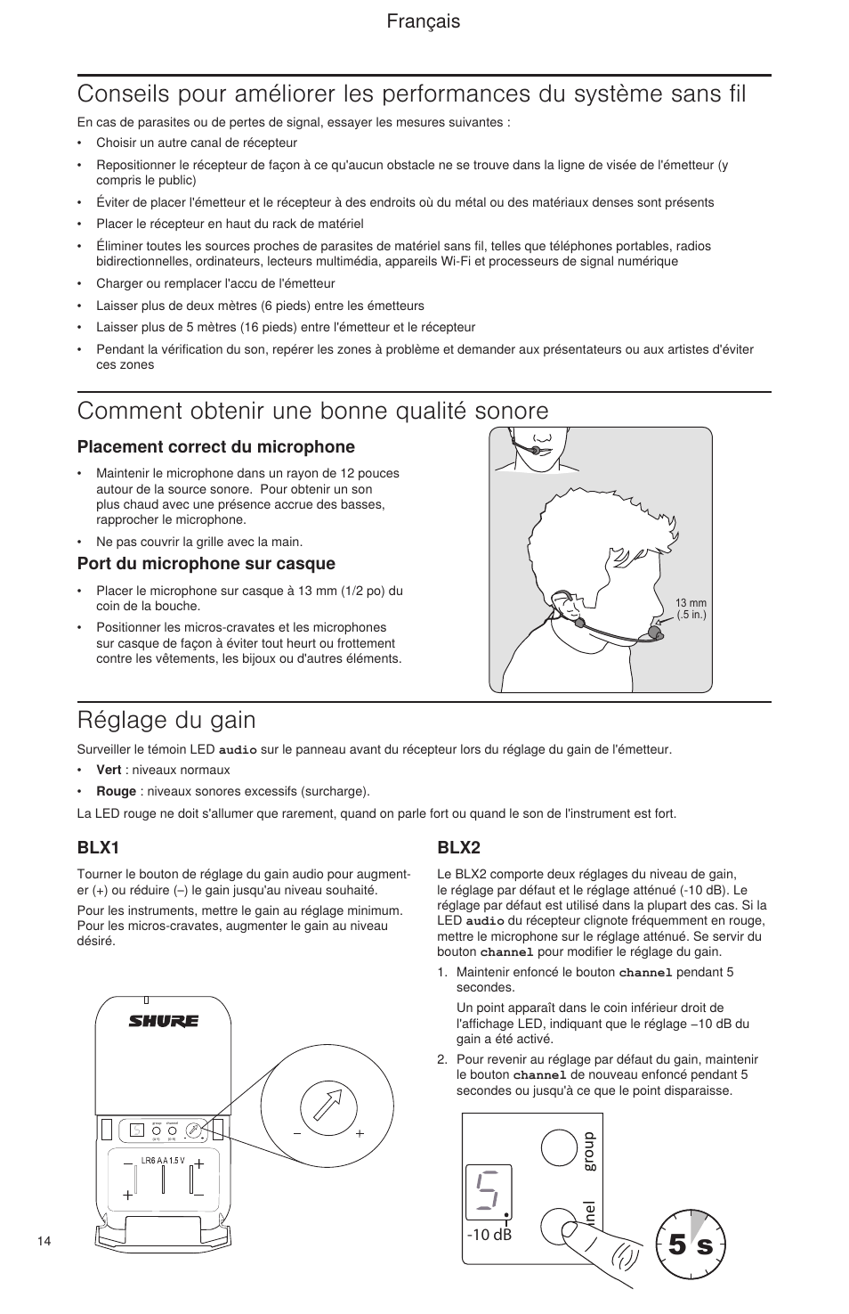 Select, Comment obtenir une bonne qualité sonore, Réglage du gain | Français, Placement correct du microphone, Port du microphone sur casque, Blx1, Blx2 | Shure BLX Wireless System User Manual | Page 22 / 64