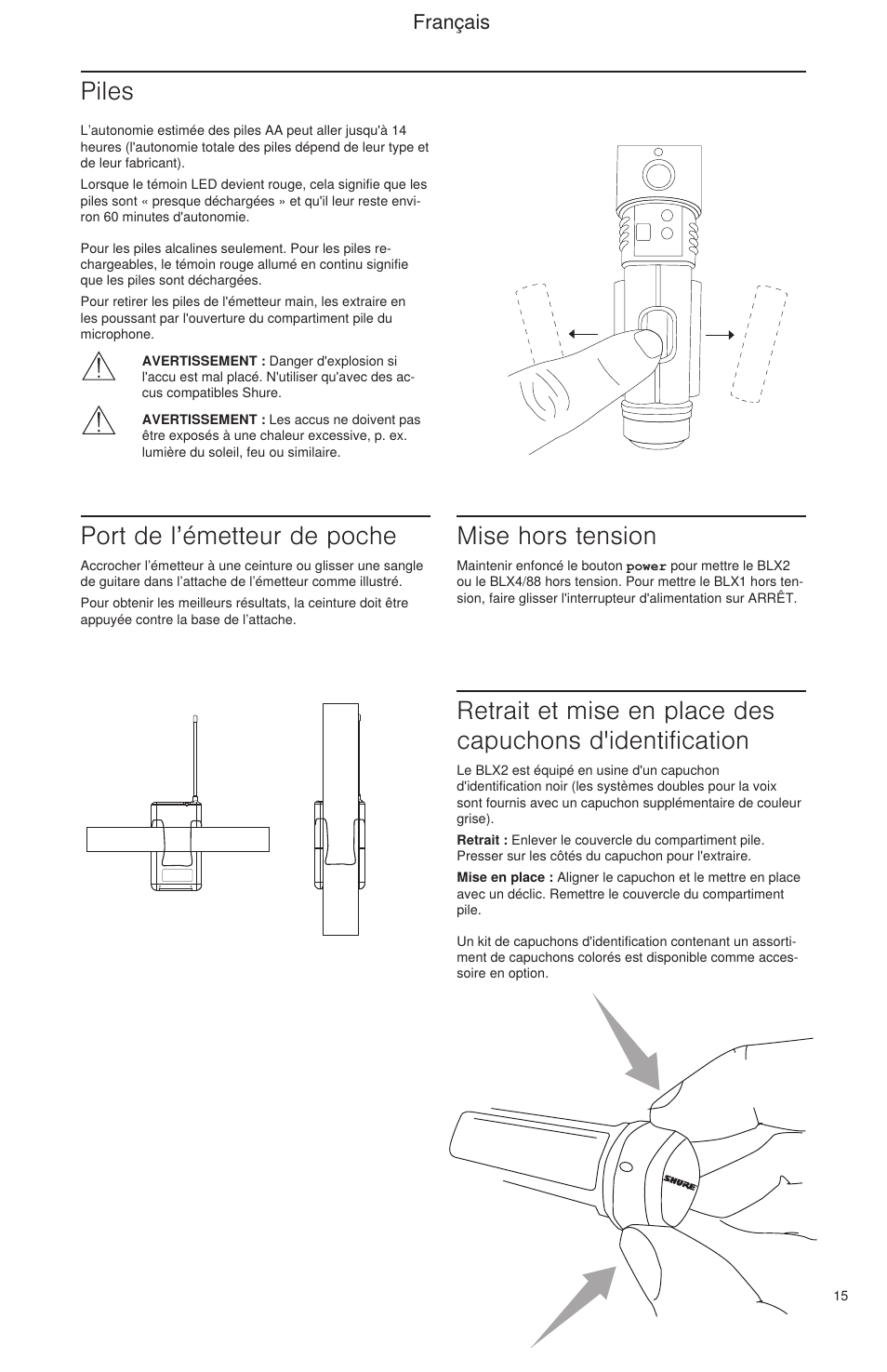 Piles, Port de l’émetteur de poche, Mise hors tension | Français | Shure BLX Wireless System User Manual | Page 23 / 64