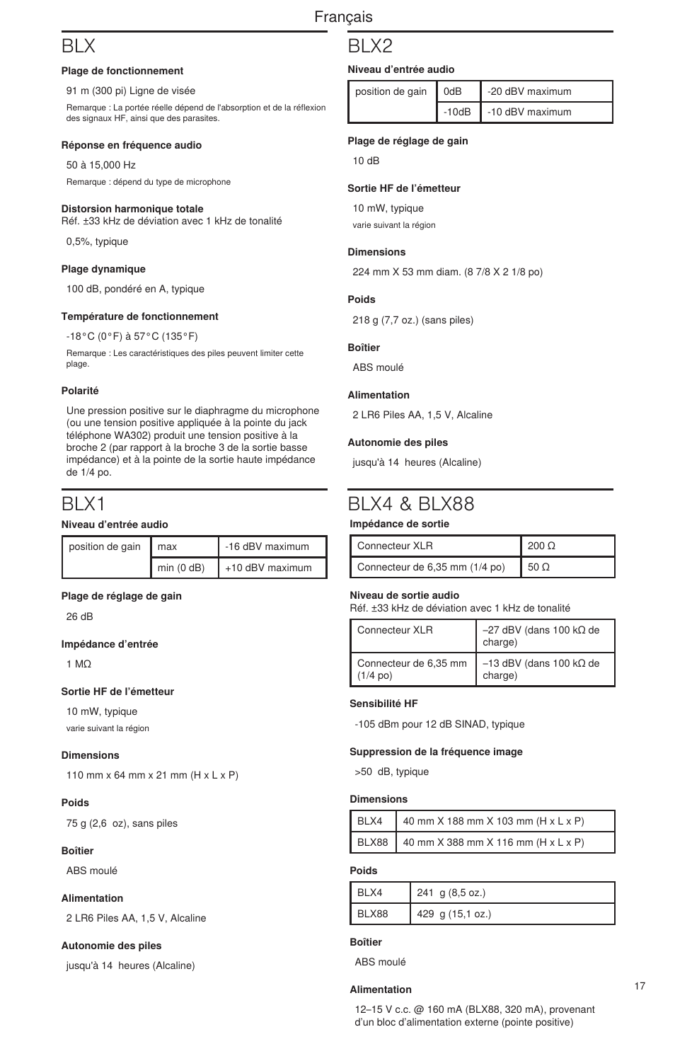 Blx blx1 blx2, Blx4 & blx88, Français | Shure BLX Wireless System User Manual | Page 25 / 64