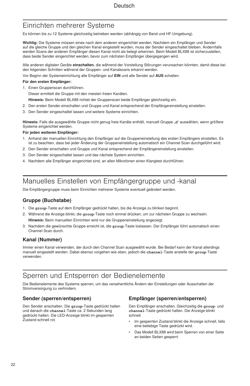 Einrichten mehrerer systeme, Sperren und entsperren der bedienelemente, Deutsch | Sender (sperren/entsperren), Empfänger (sperren/entsperren), Gruppe (buchstabe), Kanal (nummer) | Shure BLX Wireless System User Manual | Page 30 / 64