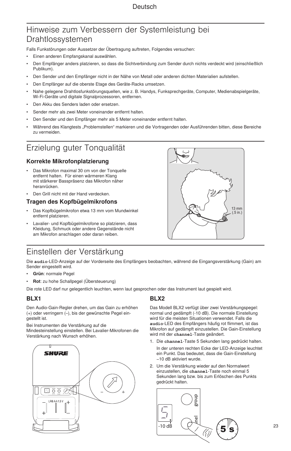 Select, Erzielung guter tonqualität, Einstellen der verstärkung | Deutsch, Korrekte mikrofonplatzierung, Tragen des kopfbügelmikrofons, Blx1, Blx2 | Shure BLX Wireless System User Manual | Page 31 / 64