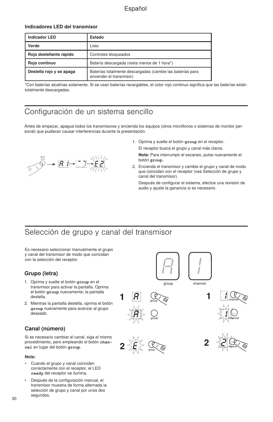 Español, Grupo (letra), Canal (número) | Shure BLX Wireless System User Manual | Page 38 / 64