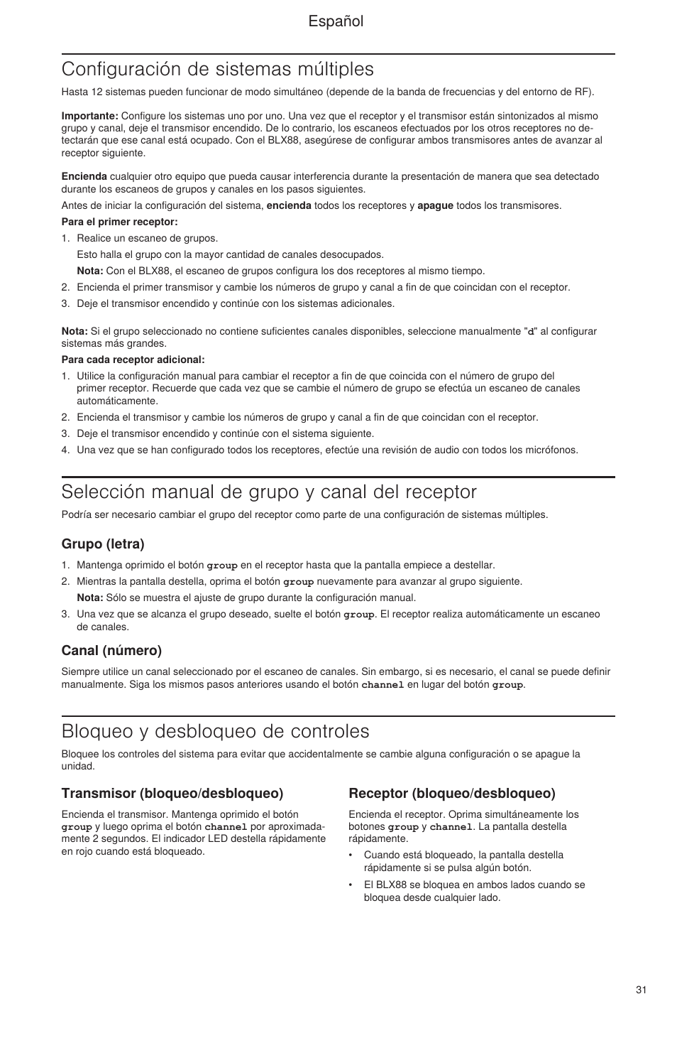 Configuración de sistemas múltiples, Selección manual de grupo y canal del receptor, Bloqueo y desbloqueo de controles | Español, Transmisor (bloqueo/desbloqueo), Receptor (bloqueo/desbloqueo), Grupo (letra), Canal (número) | Shure BLX Wireless System User Manual | Page 39 / 64