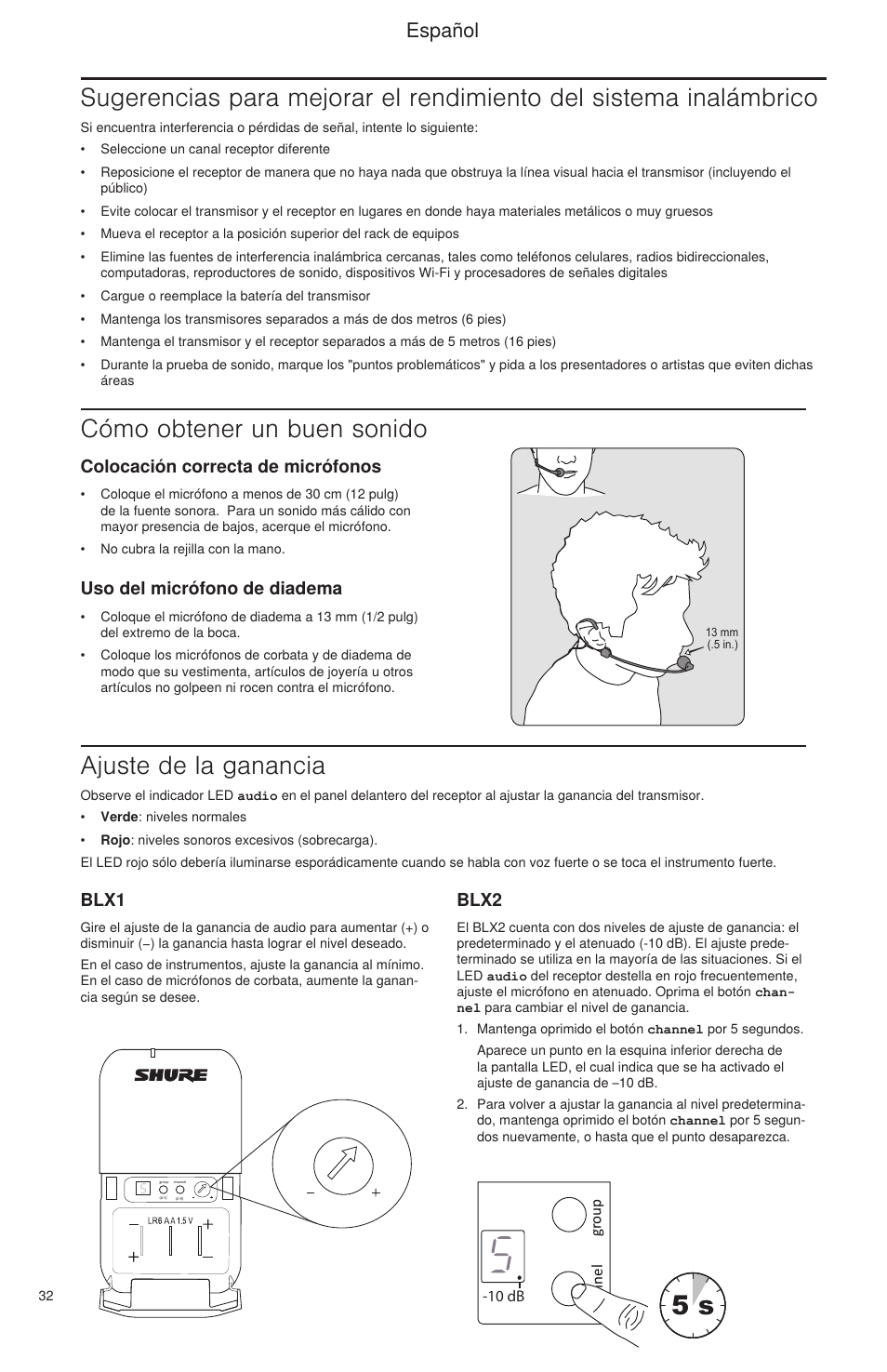 Select, Cómo obtener un buen sonido, Ajuste de la ganancia | Español, Colocación correcta de micrófonos, Uso del micrófono de diadema, Blx1, Blx2 | Shure BLX Wireless System User Manual | Page 40 / 64