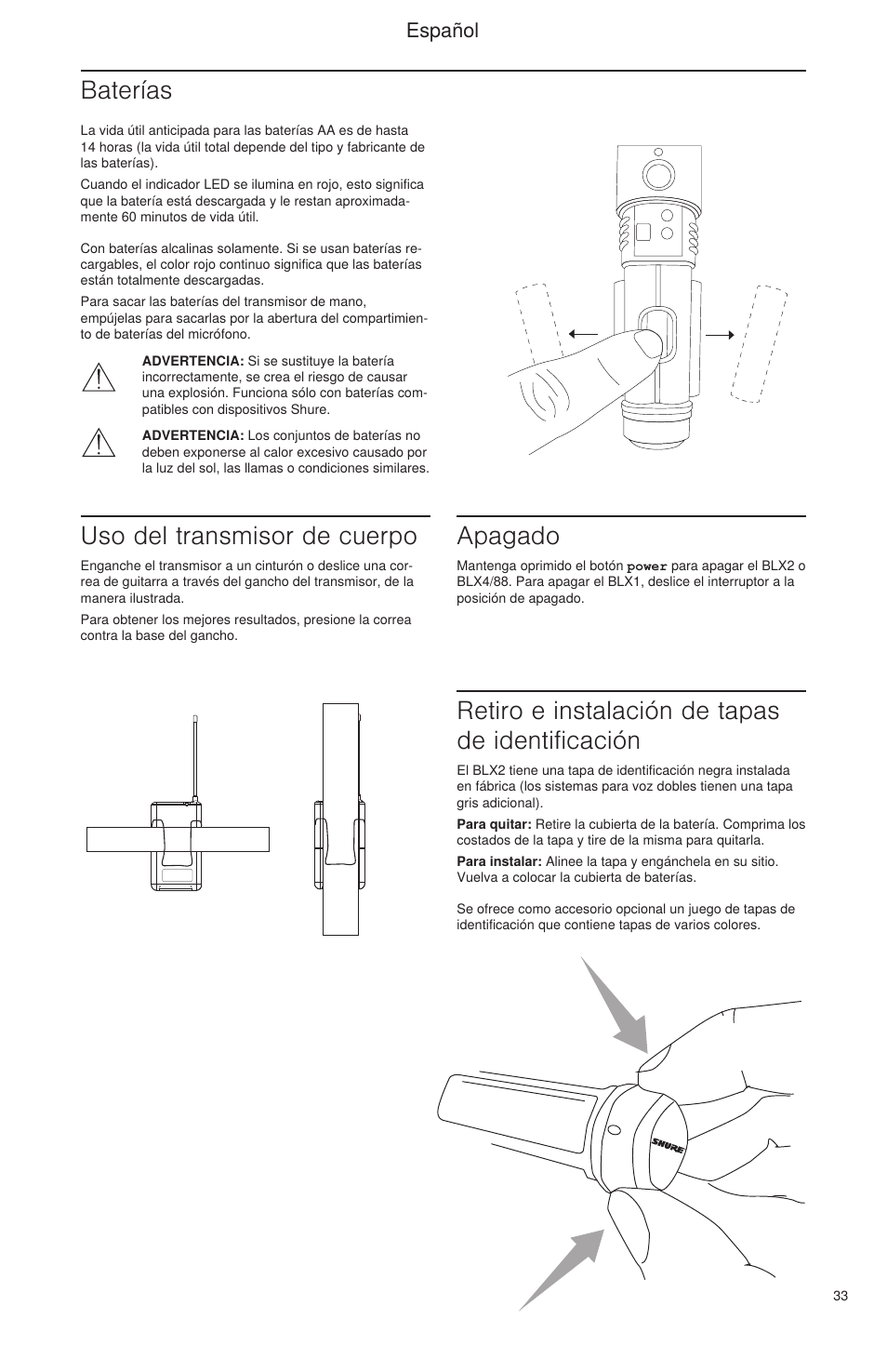 Uso del transmisor de cuerpo, Apagado, Retiro e instalación de tapas de identificación | Baterías, Español | Shure BLX Wireless System User Manual | Page 41 / 64