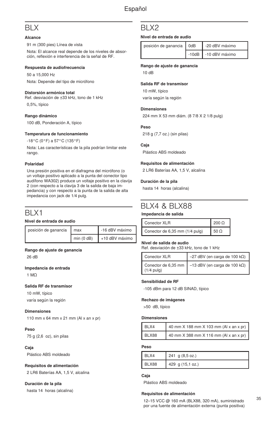 Blx blx1 blx2, Blx4 & blx88, Español | Shure BLX Wireless System User Manual | Page 43 / 64