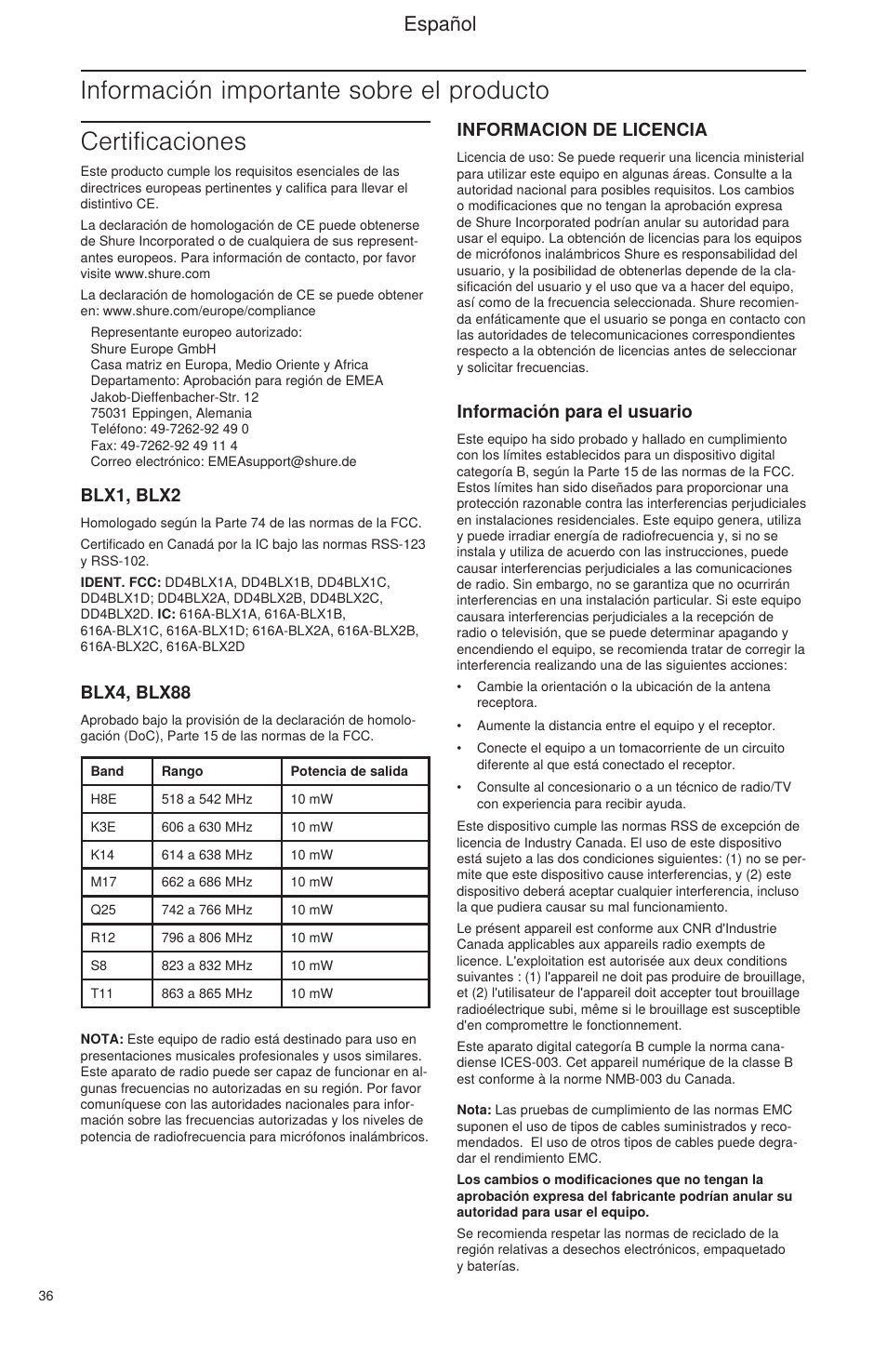 Información importante sobre el producto, Certificaciones, Español | Informacion de licencia, Información para el usuario, Blx1, blx2, Blx4, blx88 | Shure BLX Wireless System User Manual | Page 44 / 64