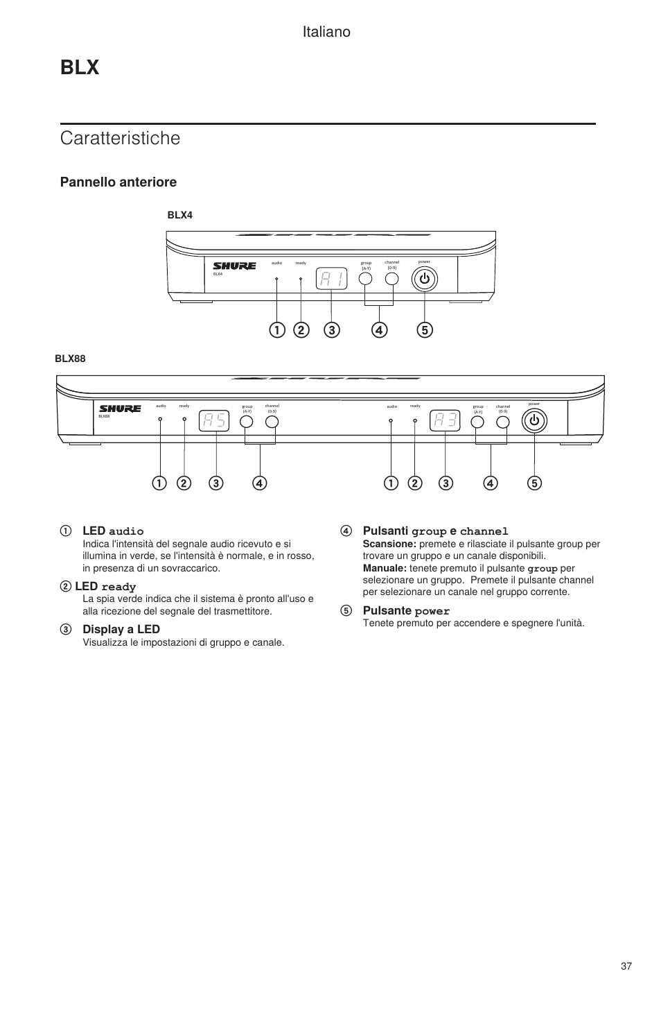 Caratteristiche, Italiano, Pannello anteriore | Shure BLX Wireless System User Manual | Page 45 / 64