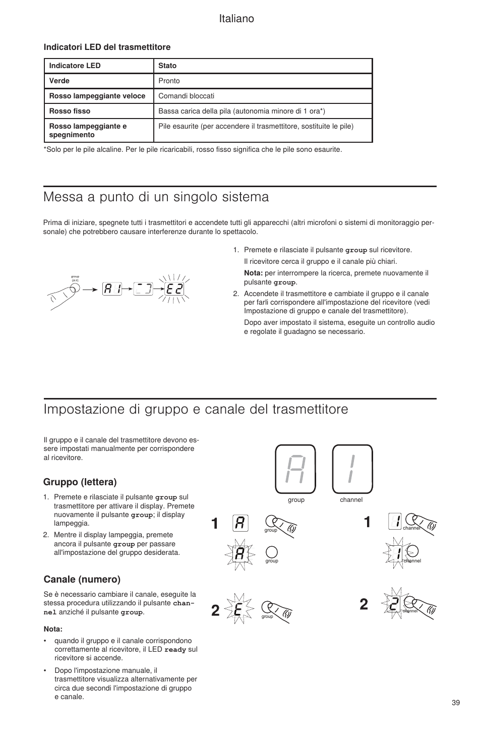 Italiano, Gruppo (lettera), Canale (numero) | Shure BLX Wireless System User Manual | Page 47 / 64