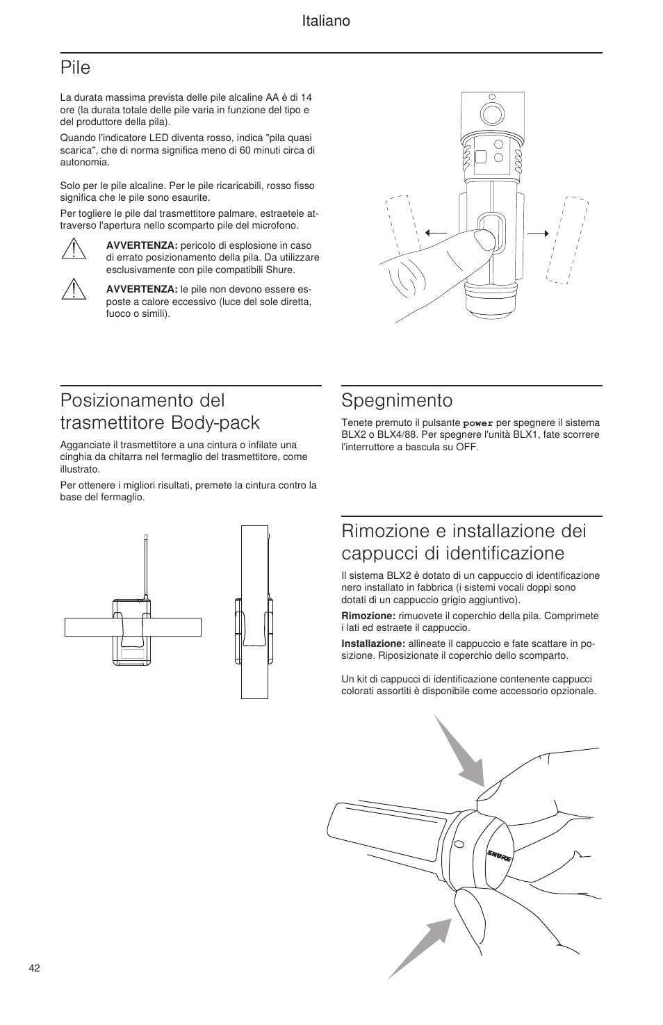 Posizionamento del trasmettitore body-pack, Spegnimento, Pile | Italiano | Shure BLX Wireless System User Manual | Page 50 / 64