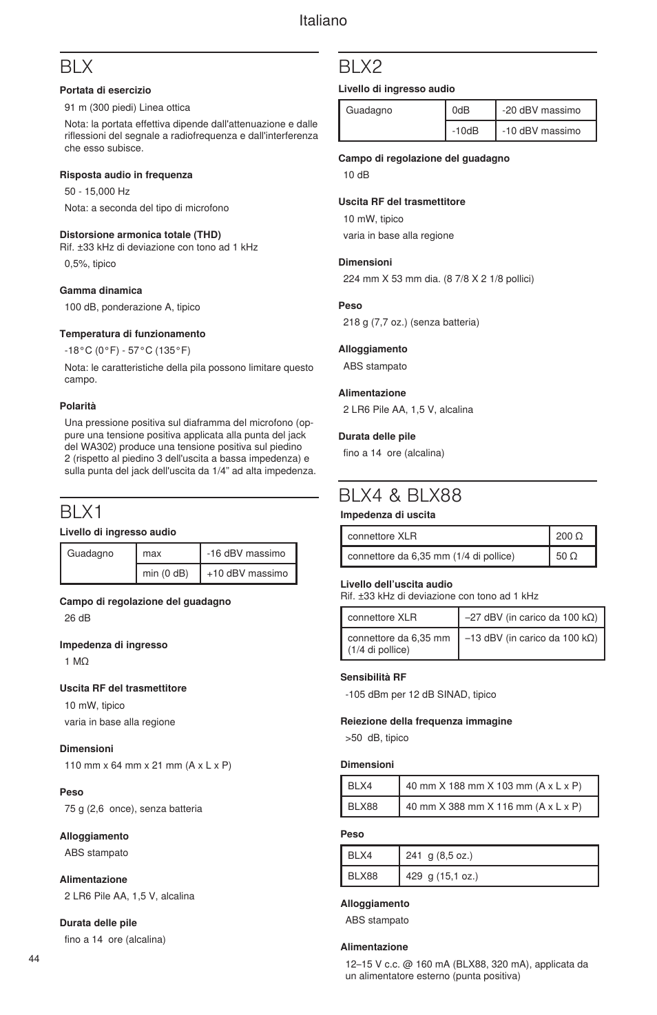 Blx blx1 blx2, Blx4 & blx88, Italiano | Shure BLX Wireless System User Manual | Page 52 / 64