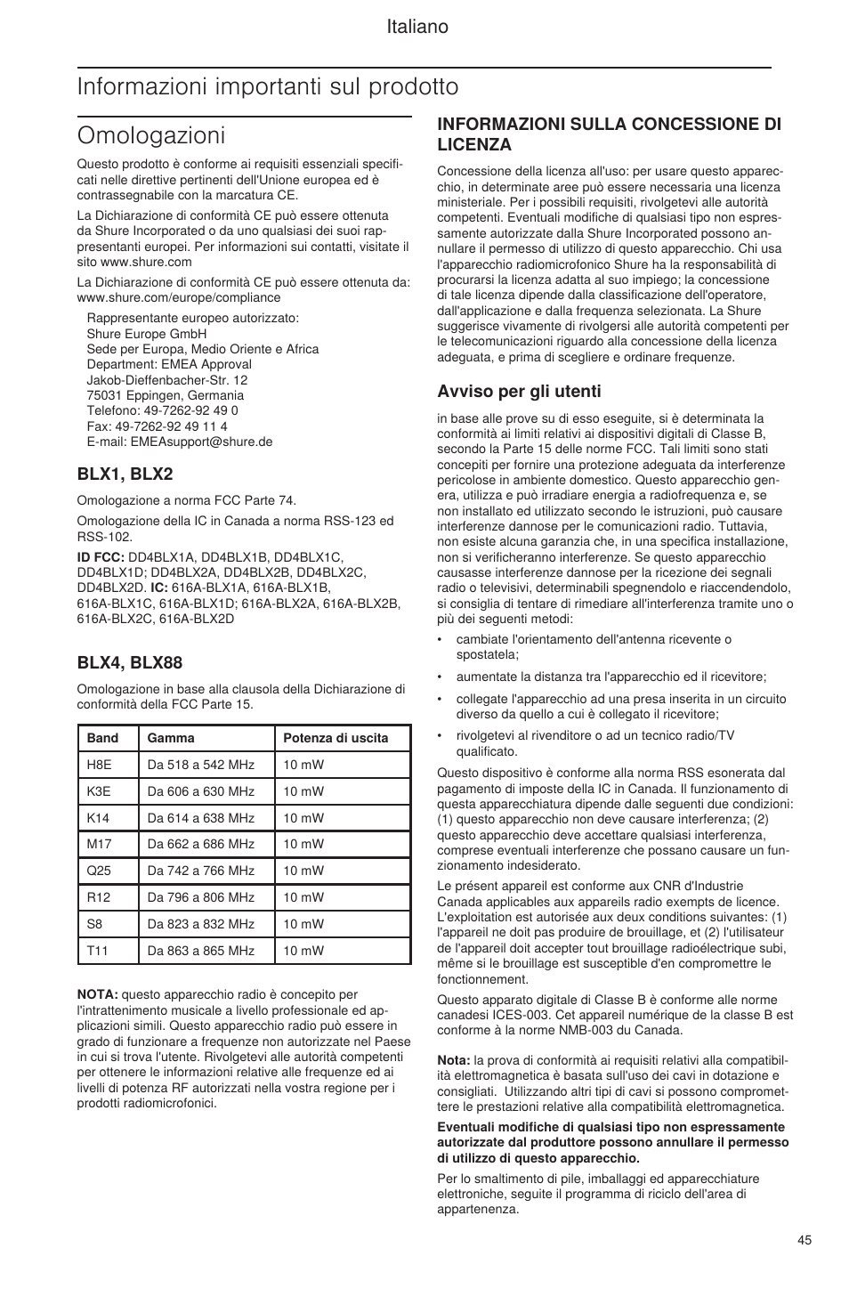 Informazioni importanti sul prodotto, Omologazioni, Italiano | Informazioni sulla concessione di licenza, Avviso per gli utenti, Blx1, blx2, Blx4, blx88 | Shure BLX Wireless System User Manual | Page 53 / 64