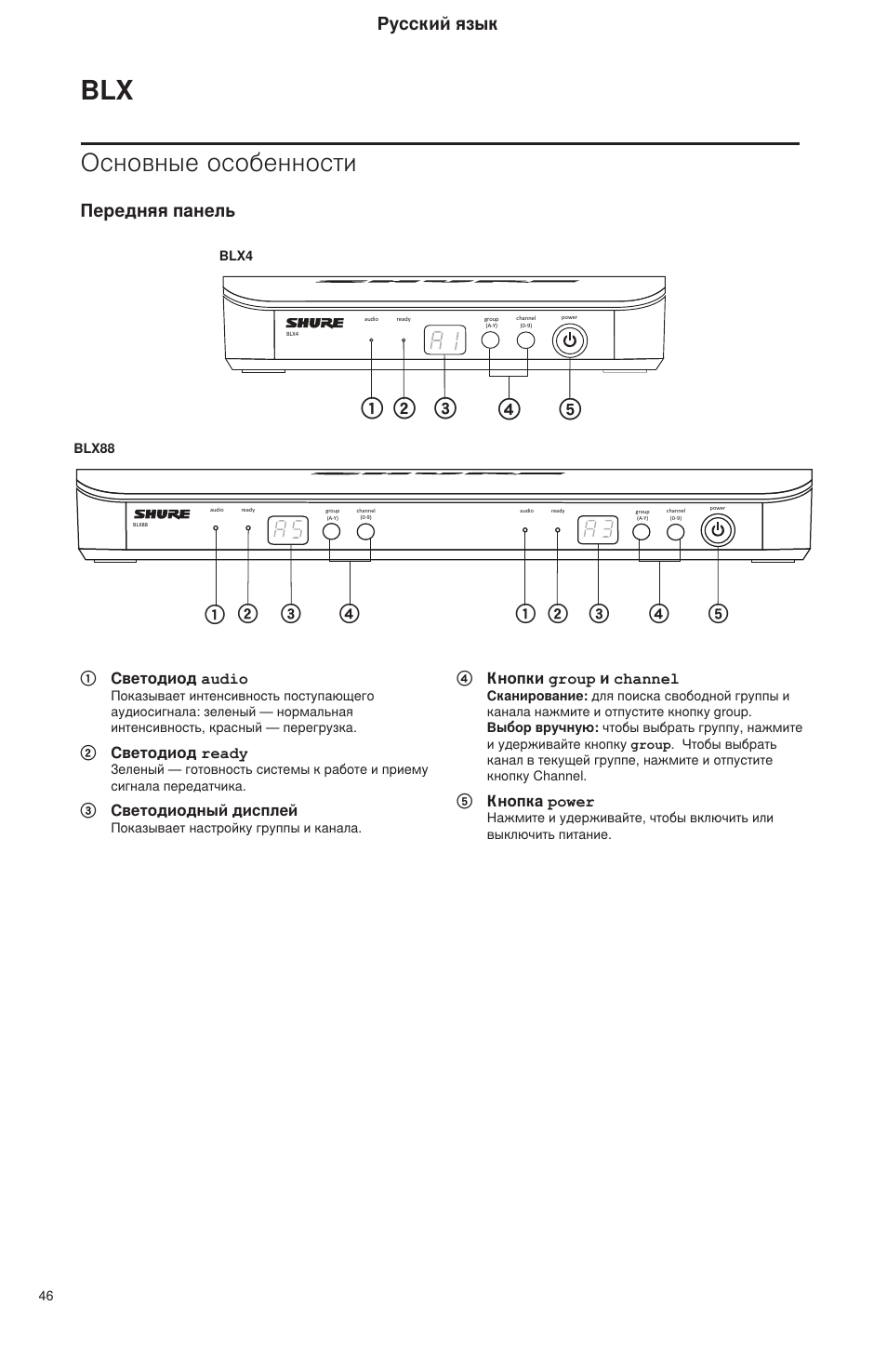 Основные особенности, Передняя панель, Русский язык | Shure BLX Wireless System User Manual | Page 54 / 64