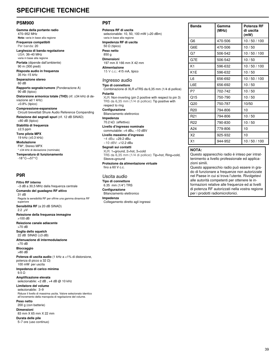 Specifiche tecniche, Ingresso audio, Uscita audio | Psm900 | Shure PSM 900 User Manual | Page 43 / 64