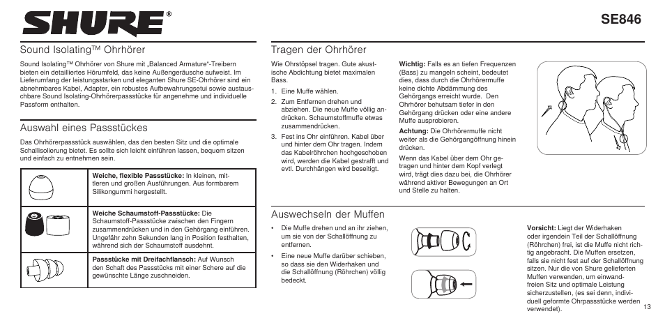 Se846, Sound isolating™ ohrhörer, Auswahl eines passstückes | Tragen der ohrhörer, Auswechseln der muffen | Shure SE846 User Manual | Page 11 / 32