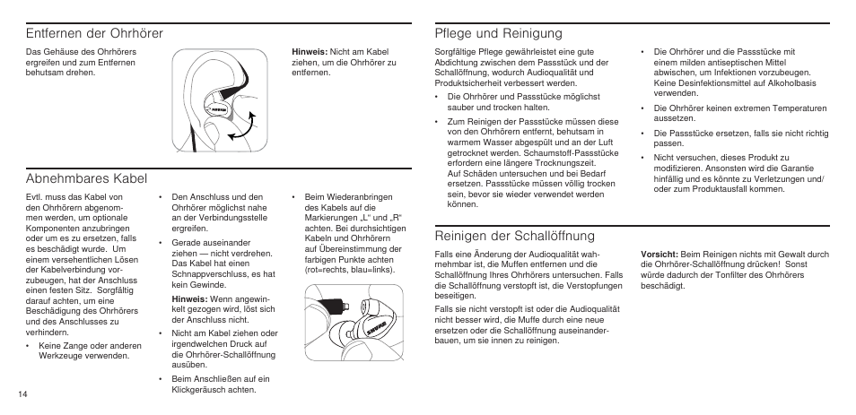 Entfernen der ohrhörer, Abnehmbares kabel, Pflege und reinigung | Reinigen der schallöffnung | Shure SE846 User Manual | Page 12 / 32