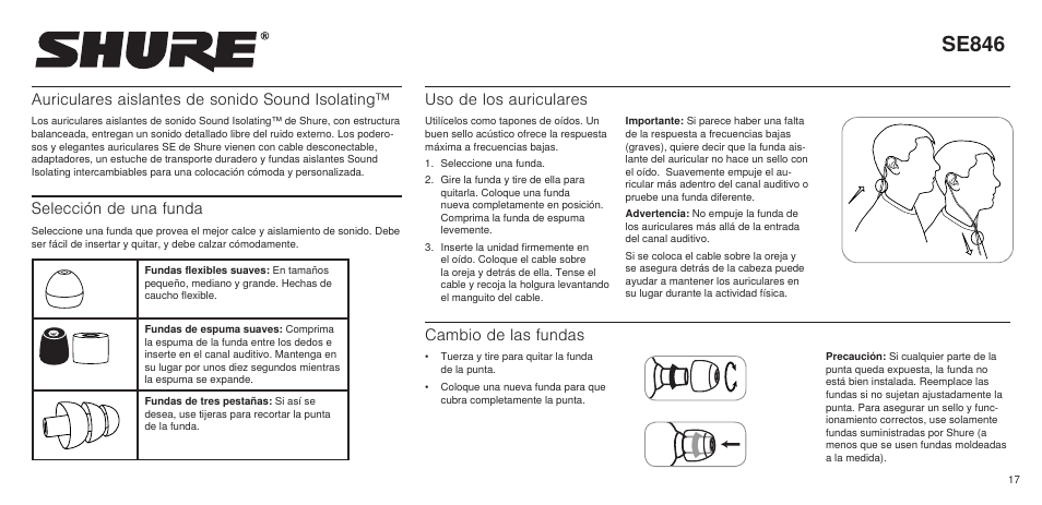 Se846, Auriculares aislantes de sonido sound isolating, Selección de una funda | Uso de los auriculares, Cambio de las fundas | Shure SE846 User Manual | Page 15 / 32