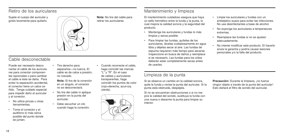 Retiro de los auriculares, Cable desconectable, Mantenimiento y limpieza | Limpieza de la punta | Shure SE846 User Manual | Page 16 / 32