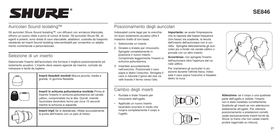 Se846, Auricolari sound isolating, Selezione di un inserto | Posizionamento degli auricolari, Cambio degli inserti | Shure SE846 User Manual | Page 19 / 32