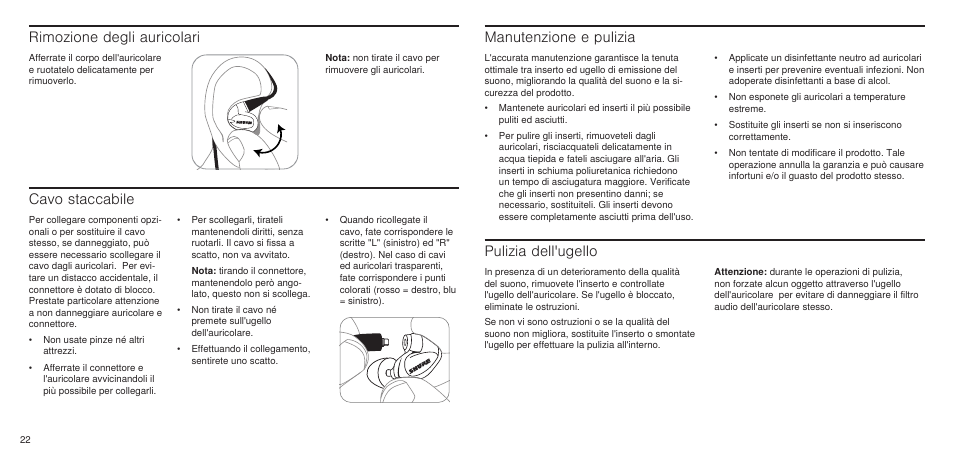 Rimozione degli auricolari, Cavo staccabile, Manutenzione e pulizia | Pulizia dell'ugello | Shure SE846 User Manual | Page 20 / 32