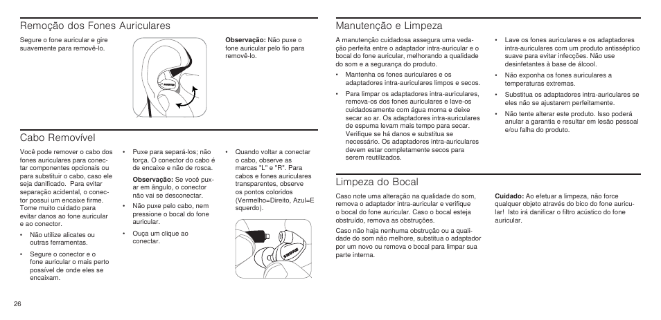 Remoção dos fones auriculares, Cabo removível, Manutenção e limpeza | Limpeza do bocal | Shure SE846 User Manual | Page 24 / 32