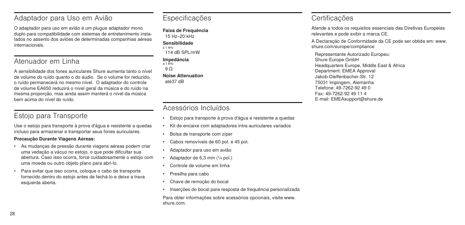 Adaptador para uso em avião, Atenuador em linha, Estojo para transporte | Acessórios incluídos, Certificações, Especificações | Shure SE846 User Manual | Page 26 / 32