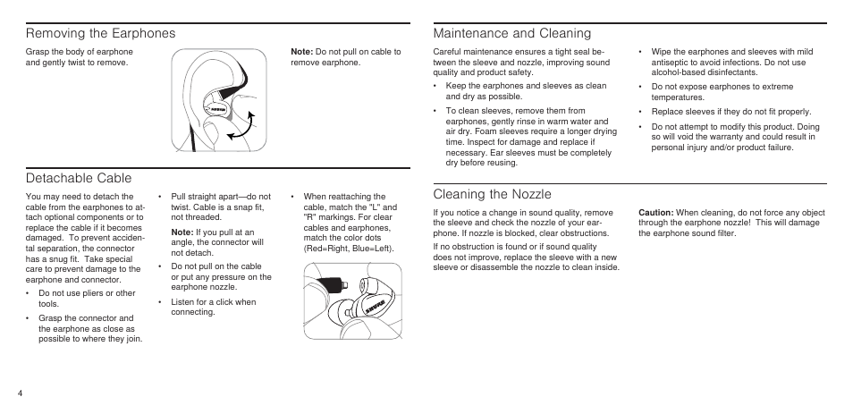 Removing the earphones, Detachable cable, Maintenance and cleaning | Cleaning the nozzle | Shure SE846 User Manual | Page 4 / 32