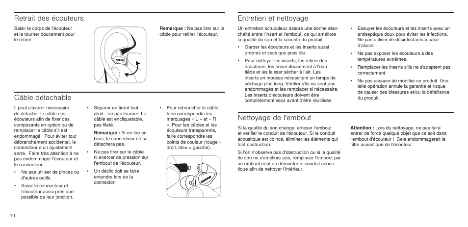 Retrait des écouteurs, Câble détachable, Entretien et nettoyage | Nettoyage de l'embout | Shure SE846 User Manual | Page 8 / 32