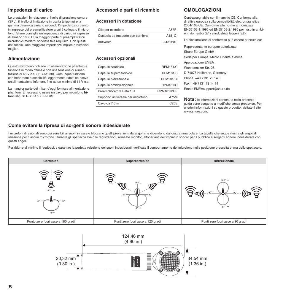 Omologazioni, Alimentazione, Impedenza di carico | Nota | Shure BETA 181 User Manual | Page 10 / 28