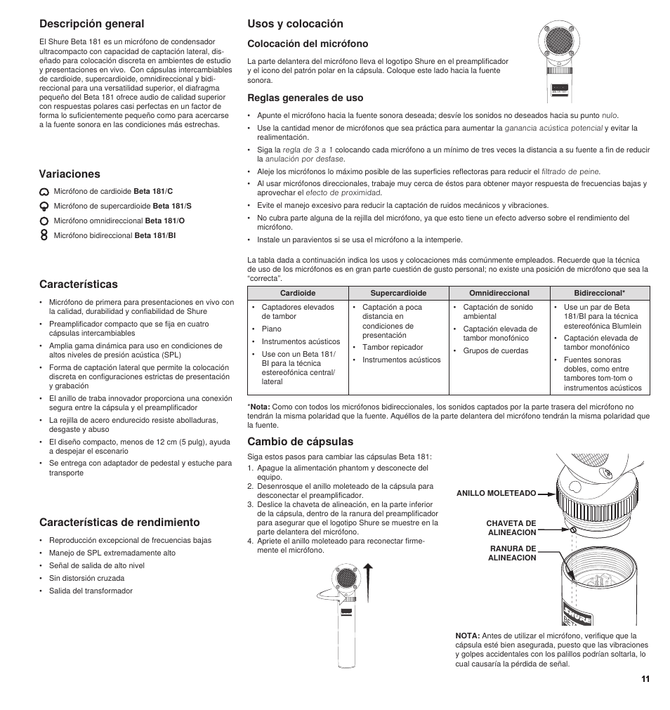 Características, Usos y colocación, Descripción general | Características de rendimiento, Cambio de cápsulas, Variaciones, Reglas generales de uso, Colocación del micrófono | Shure BETA 181 User Manual | Page 11 / 28