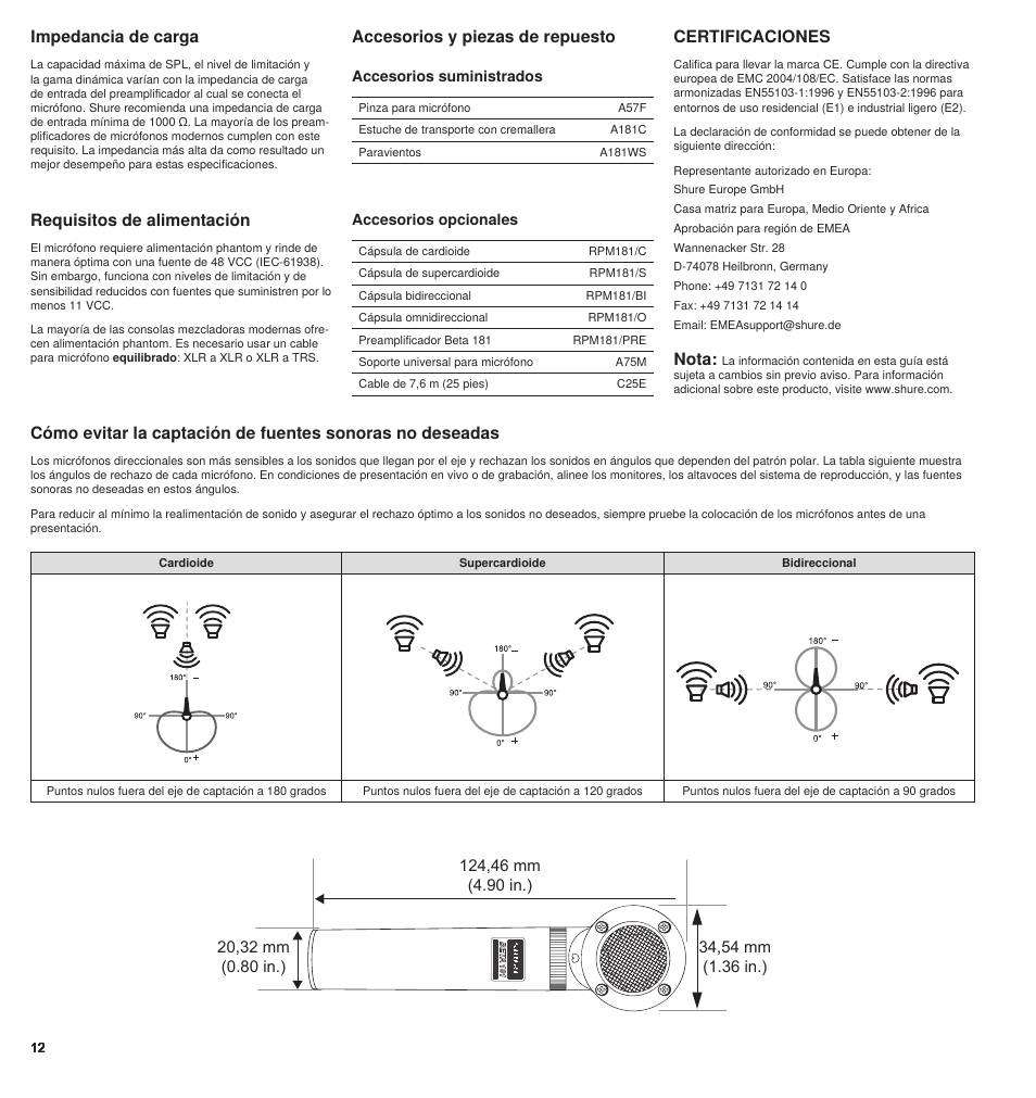 Certificaciones, Requisitos de alimentación, Impedancia de carga | Nota | Shure BETA 181 User Manual | Page 12 / 28