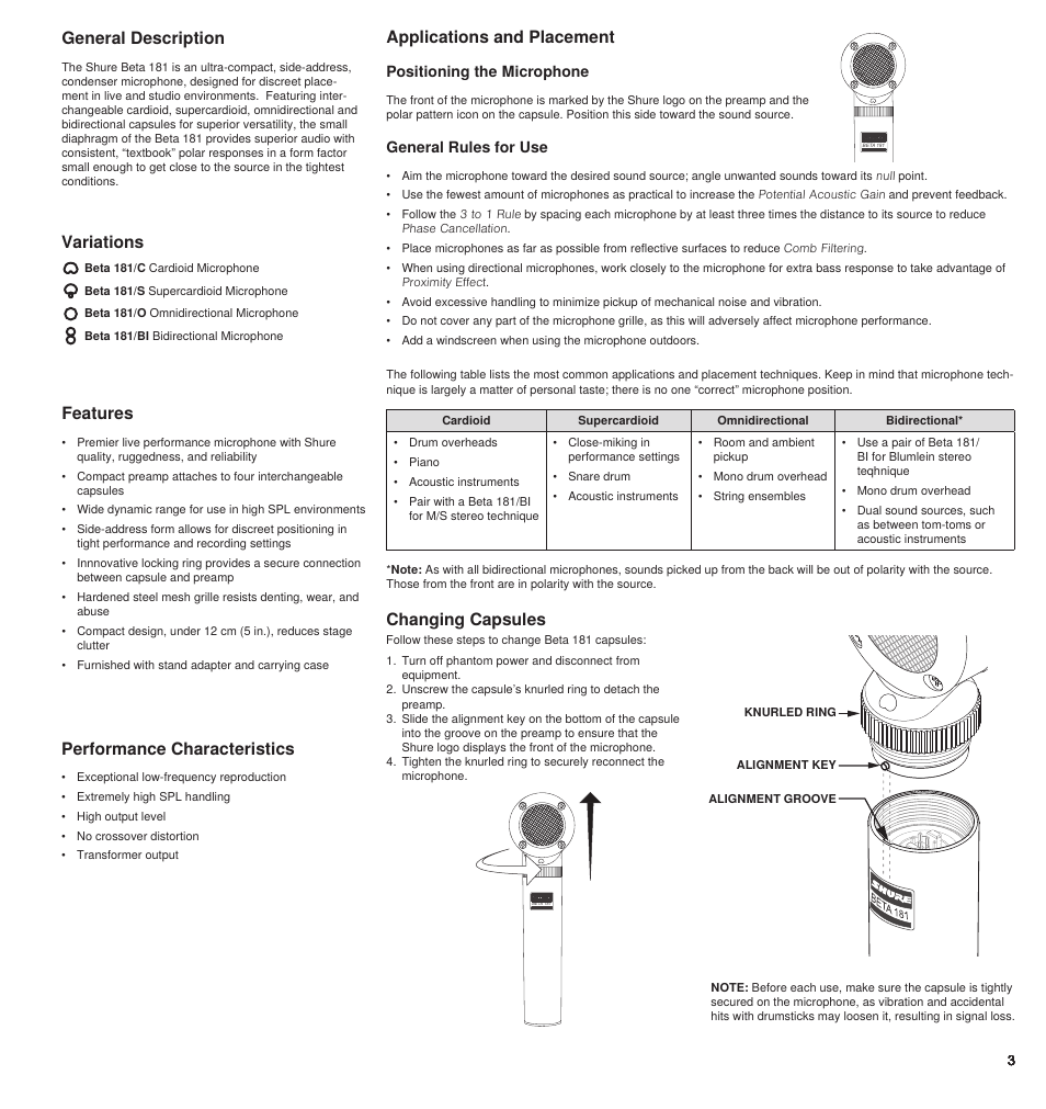 Features, Changing capsules applications and placement, Variations | General description, Performance characteristics, General rules for use, Positioning the microphone | Shure BETA 181 User Manual | Page 3 / 28