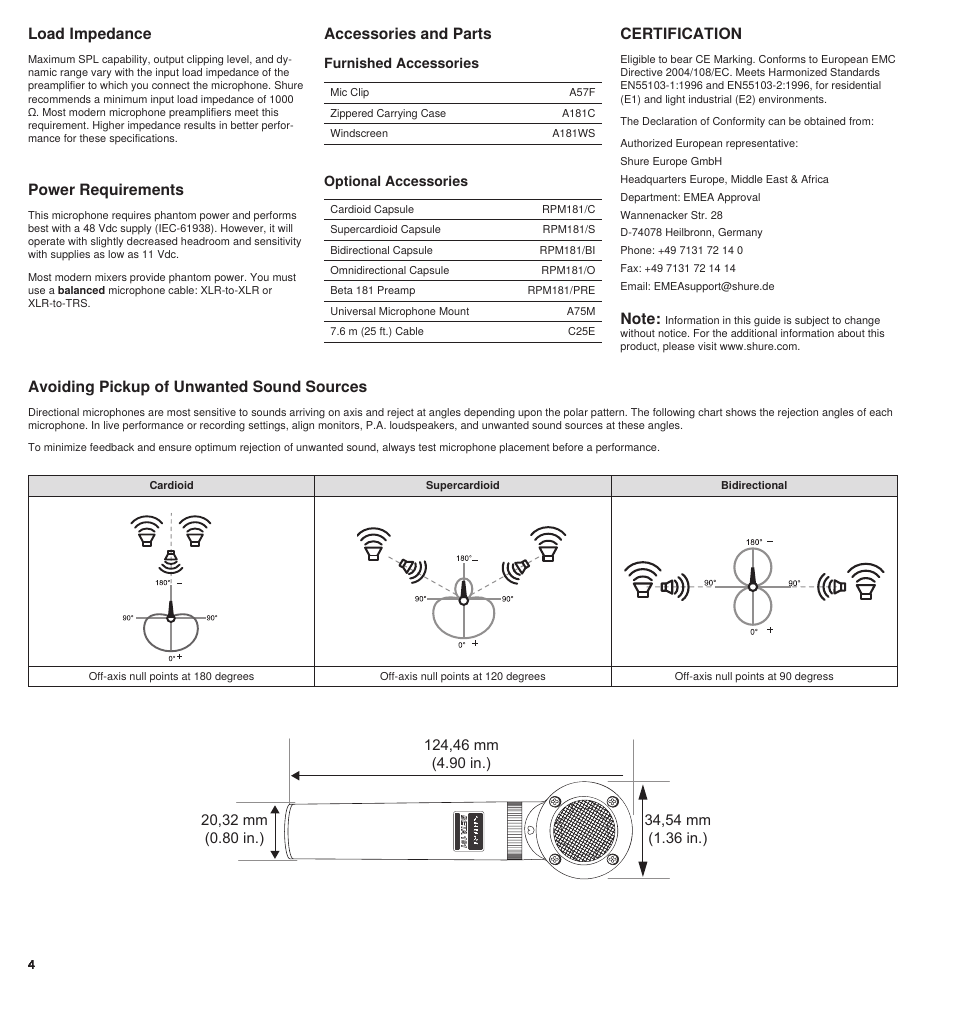 Certification, Power requirements, Load impedance | Shure BETA 181 User Manual | Page 4 / 28