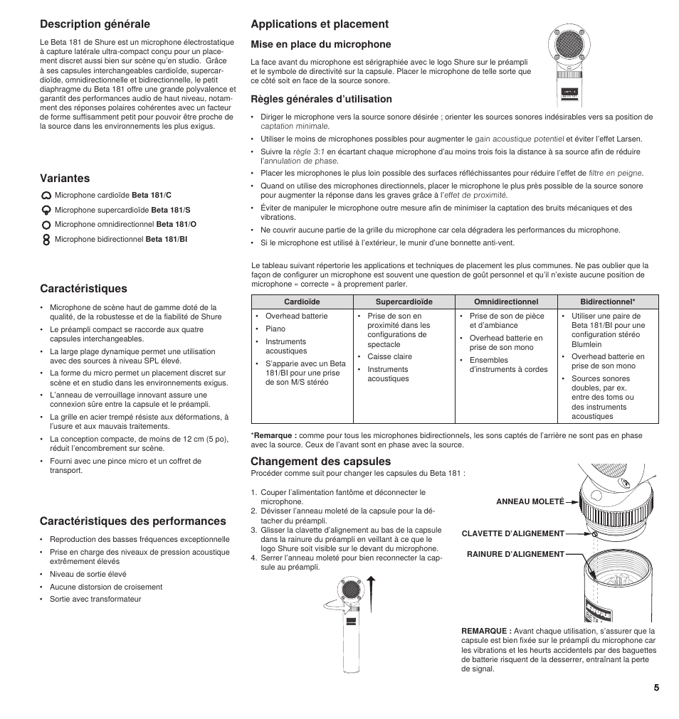 Caractéristiques, Applications et placement, Description générale | Caractéristiques des performances, Changement des capsules, Variantes, Règles générales d’utilisation, Mise en place du microphone | Shure BETA 181 User Manual | Page 5 / 28