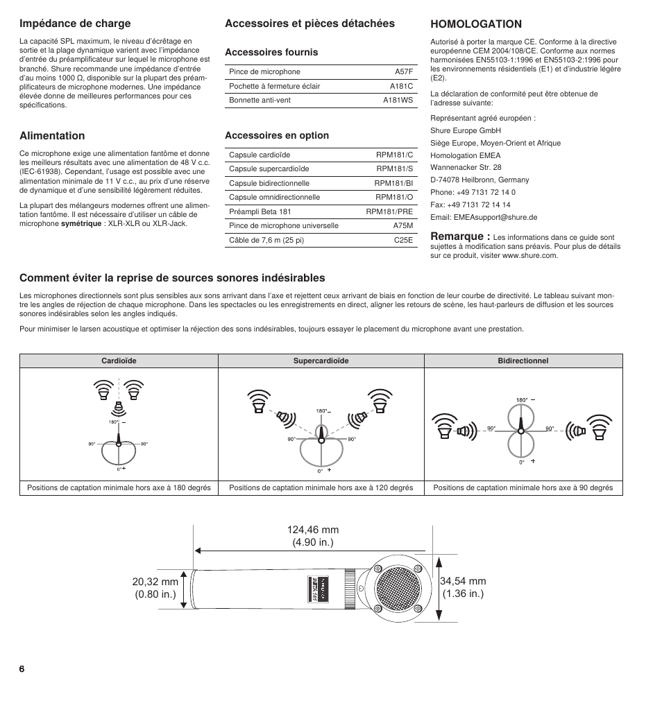 Homologation, Alimentation, Impédance de charge | Remarque | Shure BETA 181 User Manual | Page 6 / 28