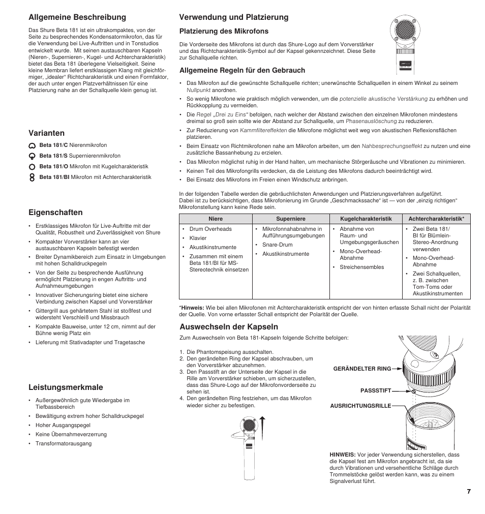 Eigenschaften, Verwendung und platzierung, Allgemeine beschreibung | Leistungsmerkmale, Auswechseln der kapseln, Varianten, Allgemeine regeln für den gebrauch, Platzierung des mikrofons | Shure BETA 181 User Manual | Page 7 / 28